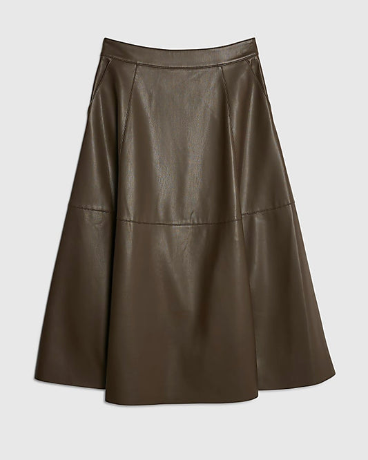 Brown Faux Leather Midi Skirt