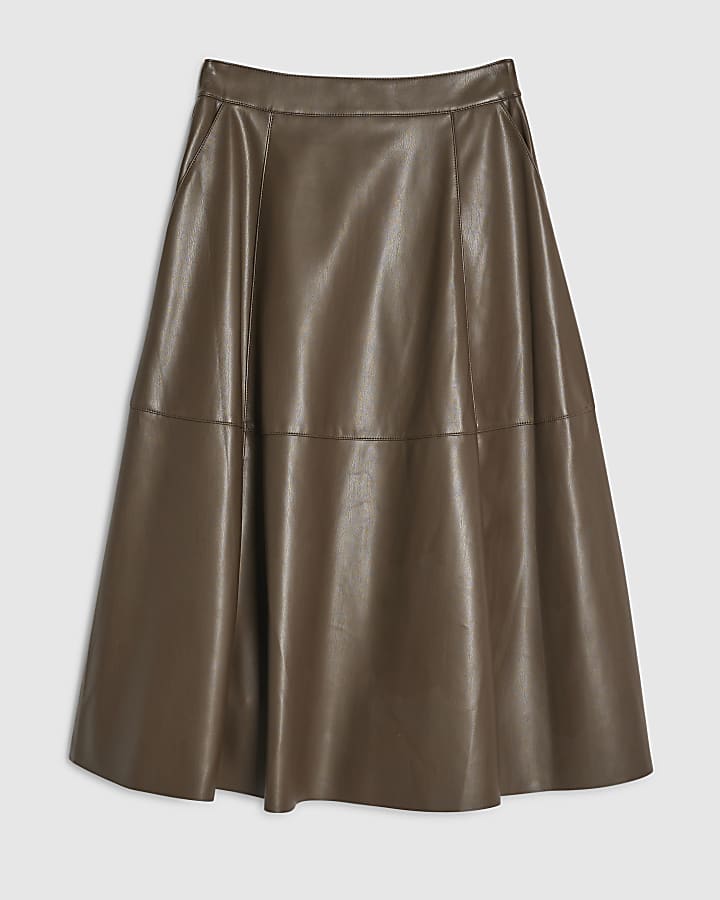 Brown Faux Leather Midi Skirt | River Island