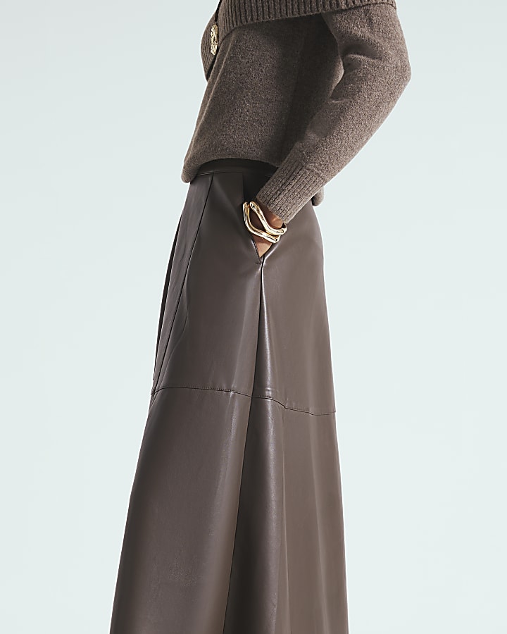 Brown Faux Leather Midi Skirt