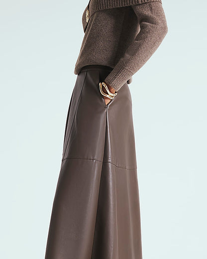 Brown Faux Leather Midi Skirt