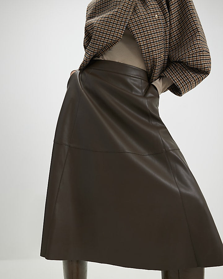 Brown Faux Leather Midi Skirt | River Island