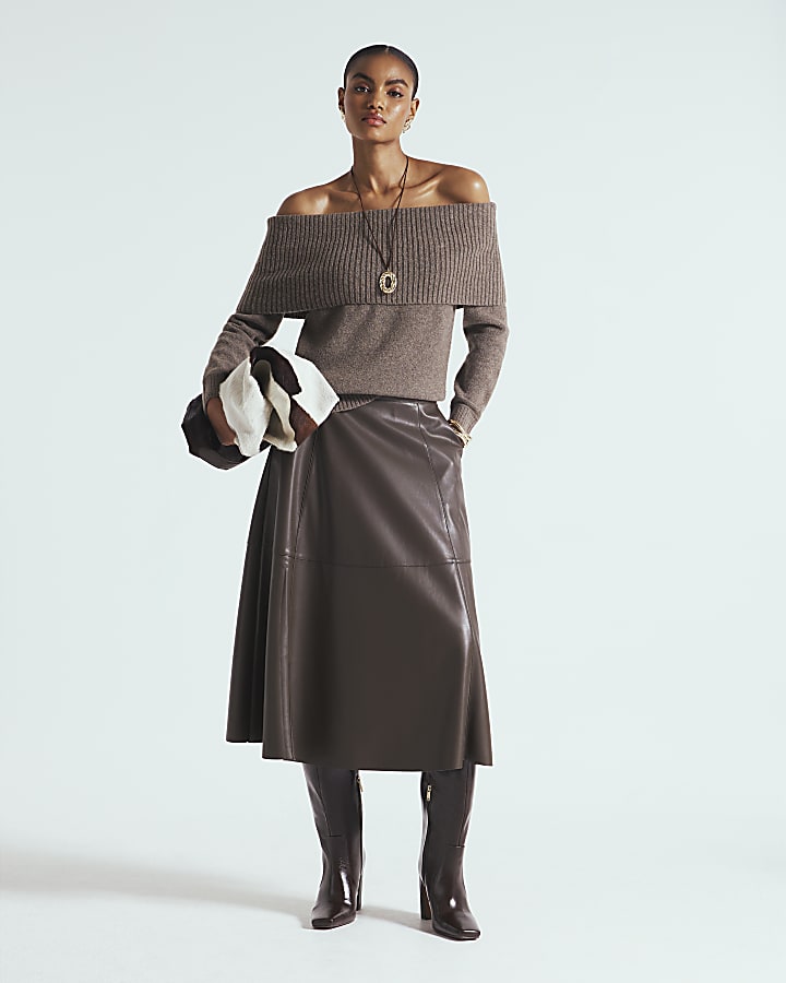 Brown Faux Leather Midi Skirt