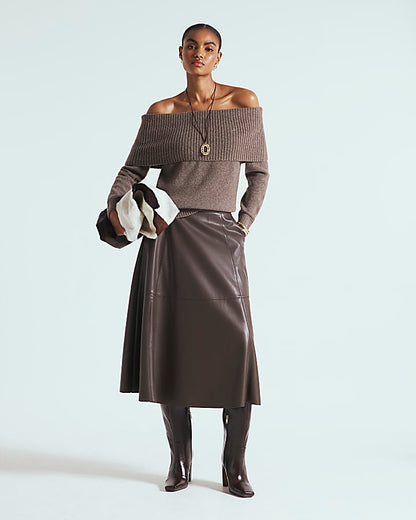 Brown Faux Leather Midi Skirt