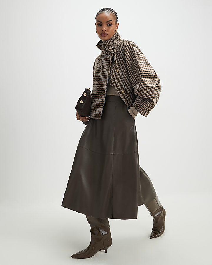 Brown Faux Leather Midi Skirt | River Island