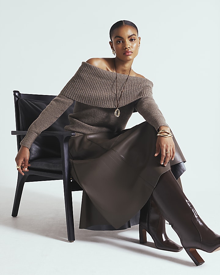 Brown Faux Leather Midi Skirt