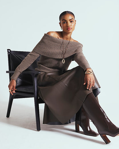 Brown Faux Leather Midi Skirt