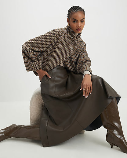 Brown Faux Leather Midi Skirt | River Island