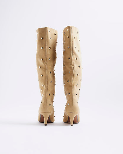 Beige Faux Suede Studded High Leg Boots