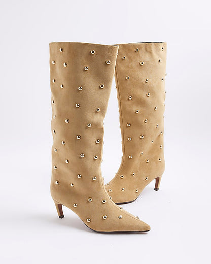 Beige Faux Suede Studded High Leg Boots