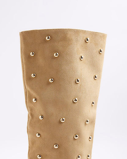 Beige Faux Suede Studded High Leg Boots