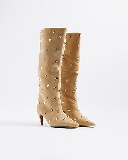 Beige Faux Suede Studded High Leg Boots