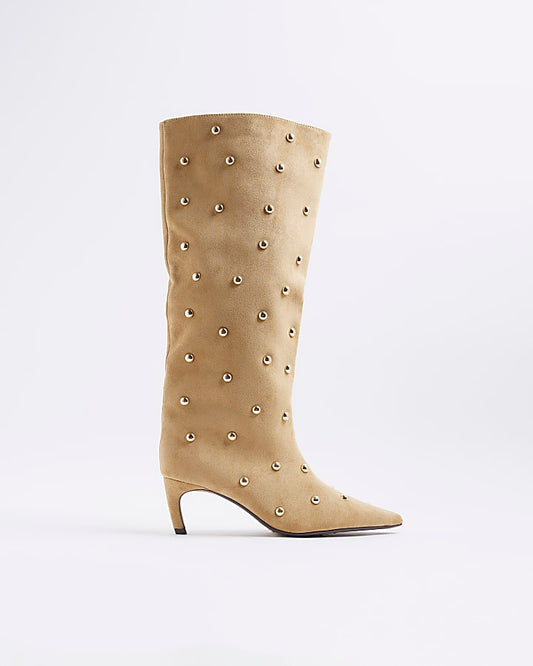 Beige Faux Suede Studded High Leg Boots