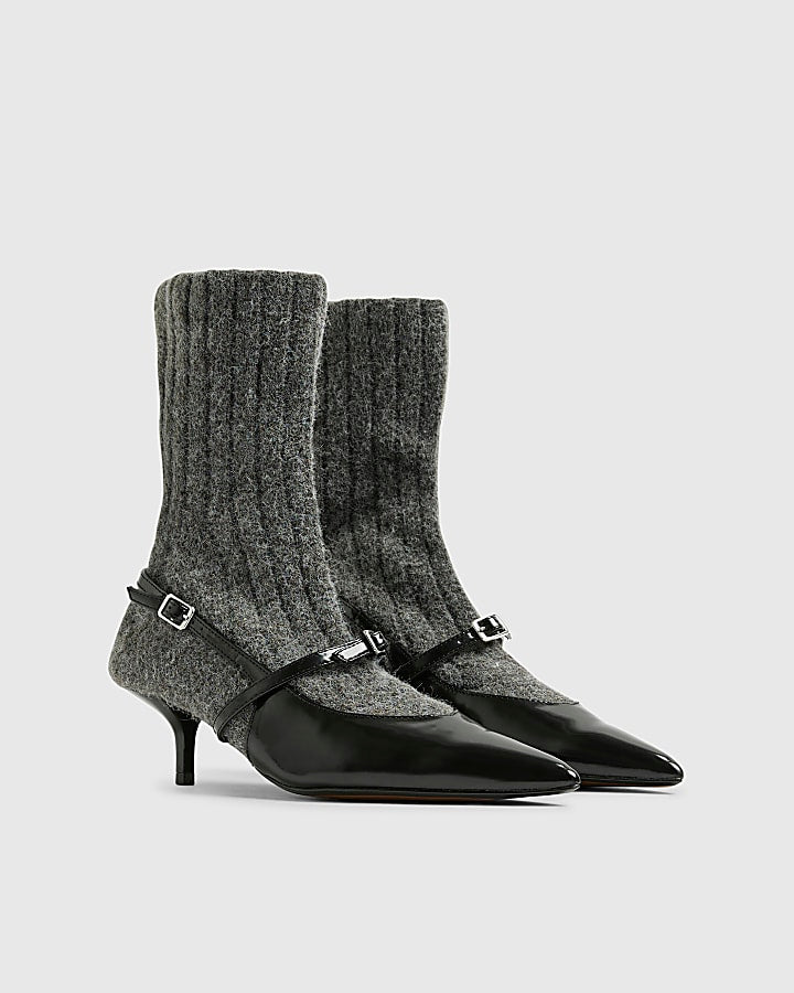 Grey Knit Sock Boot Court Heels