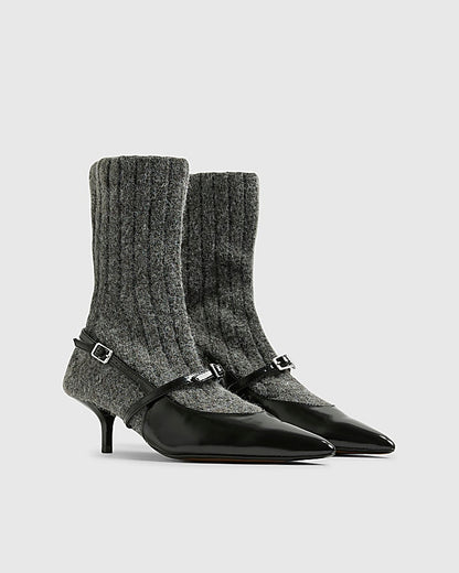 Grey Knit Sock Boot Court Heels