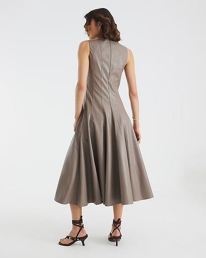 Stone Faux Leather Fitted Waist Midi Dress