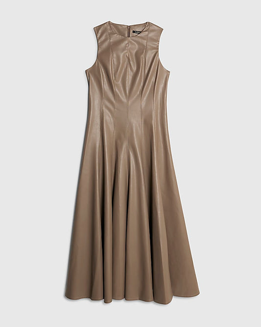 Stone Faux Leather Fitted Waist Midi Dress