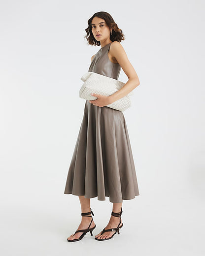 Stone Faux Leather Fitted Waist Midi Dress