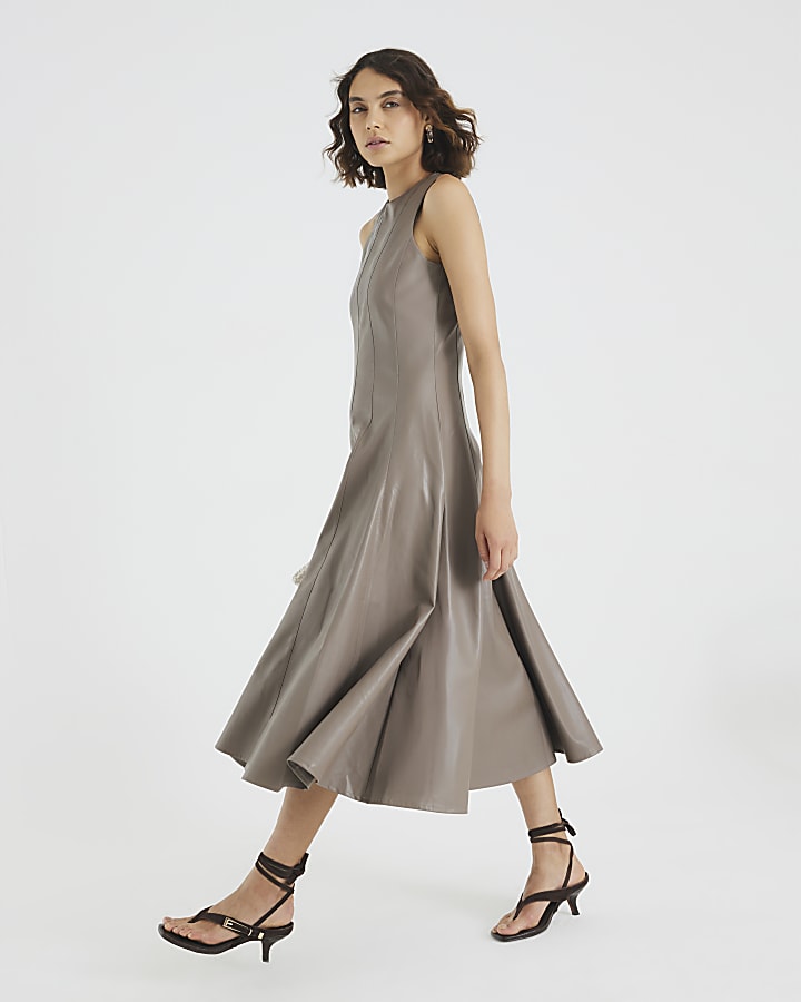 Stone Faux Leather Fitted Waist Midi Dress