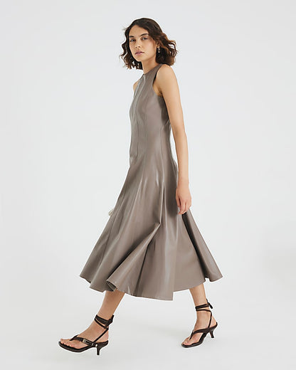 Stone Faux Leather Fitted Waist Midi Dress