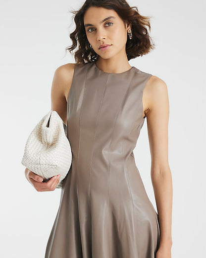 Stone Faux Leather Fitted Waist Midi Dress