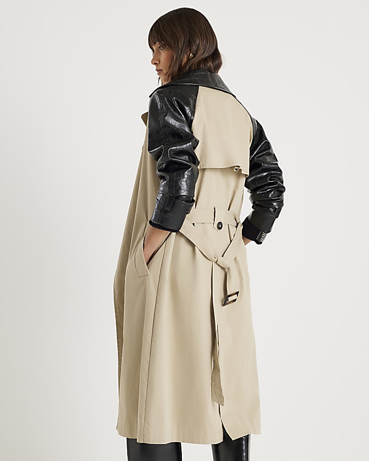 Beige Faux Leather Sleeve Trench Coat