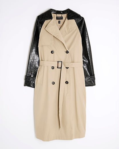 Beige Faux Leather Sleeve Trench Coat