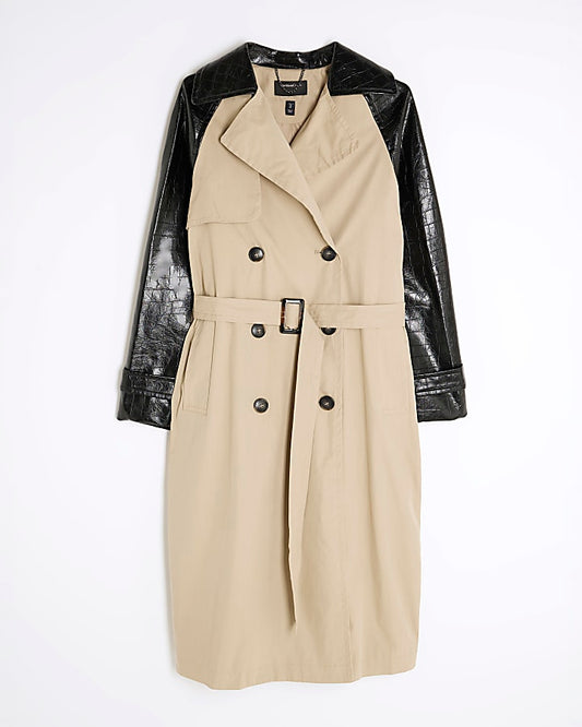 Beige Faux Leather Sleeve Trench Coat