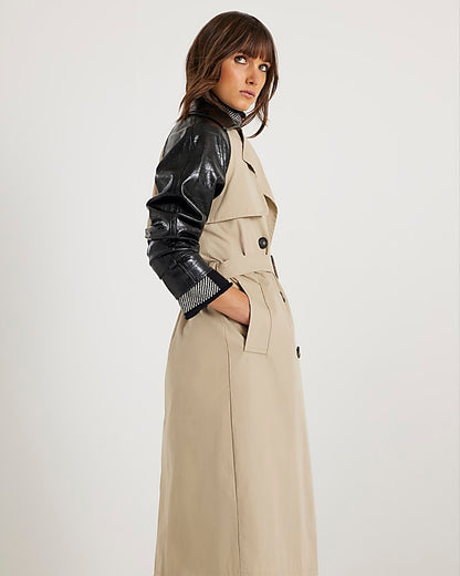Beige Faux Leather Sleeve Trench Coat