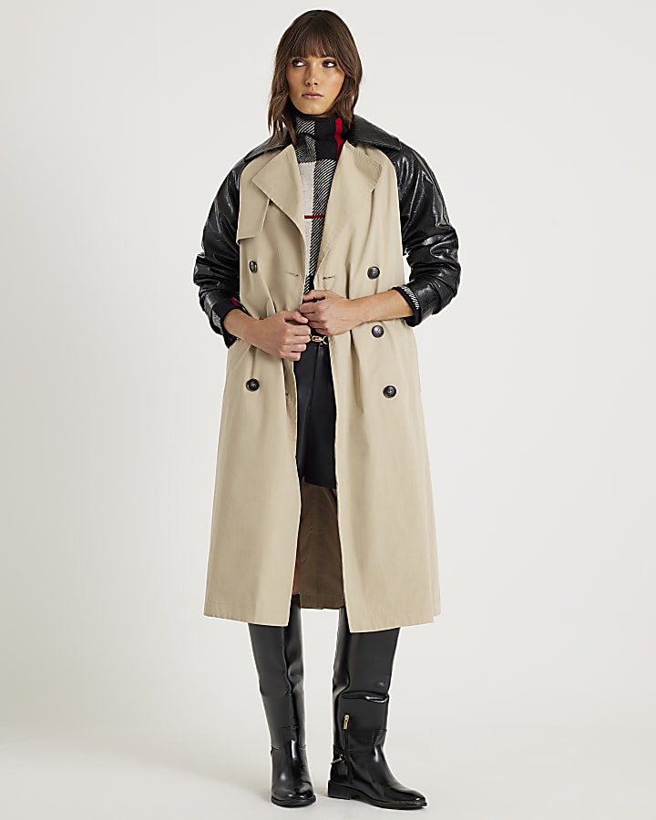 Beige Faux Leather Sleeve Trench Coat