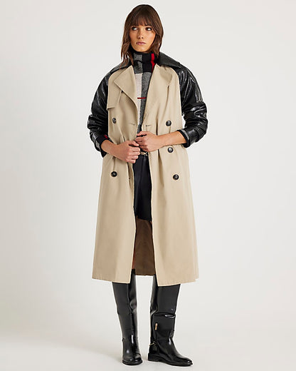 Beige Faux Leather Sleeve Trench Coat