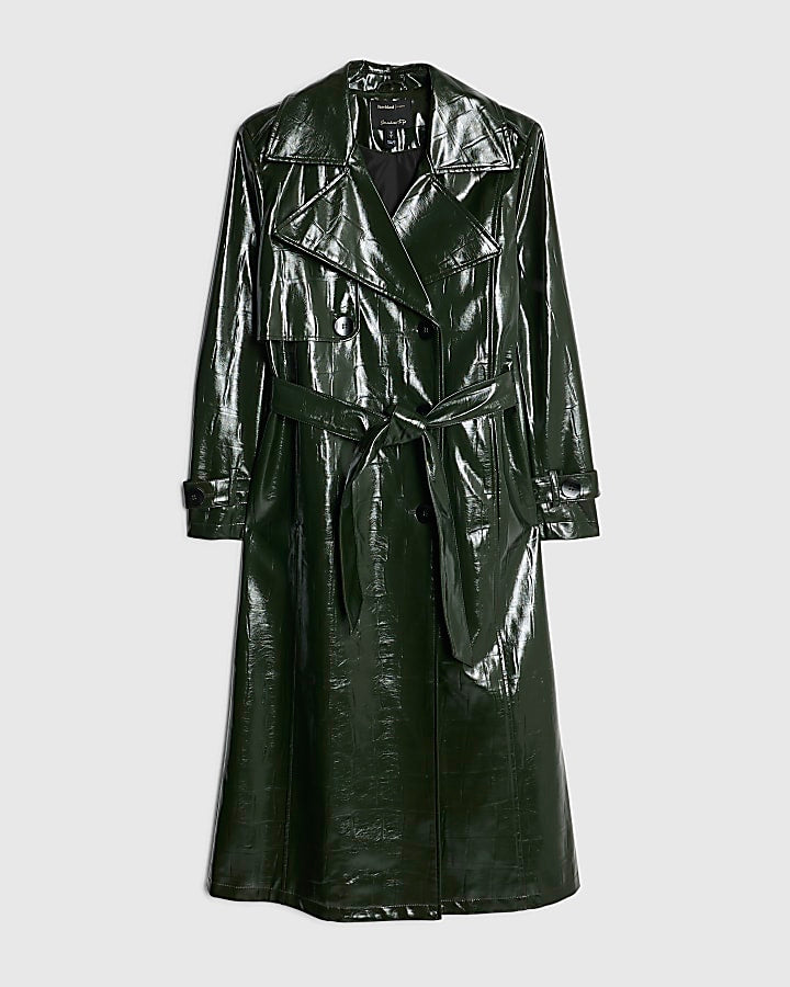 Green Faux Leather Croc Texture Trench Coat