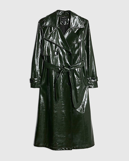 Green Faux Leather Croc Texture Trench Coat