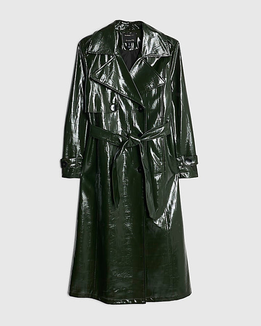 Green Faux Leather Croc Texture Trench Coat