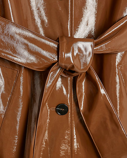 Brown Faux Leather Belted Trench Coat