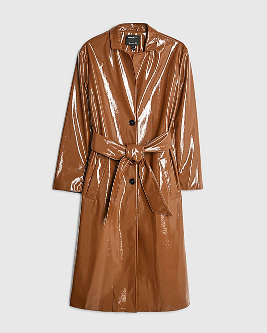Brown Faux Leather Belted Trench Coat