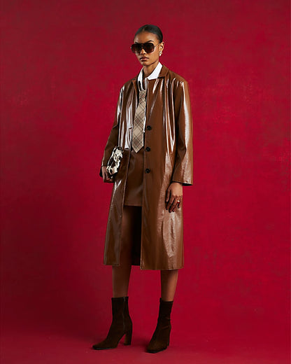 Brown Faux Leather Belted Trench Coat
