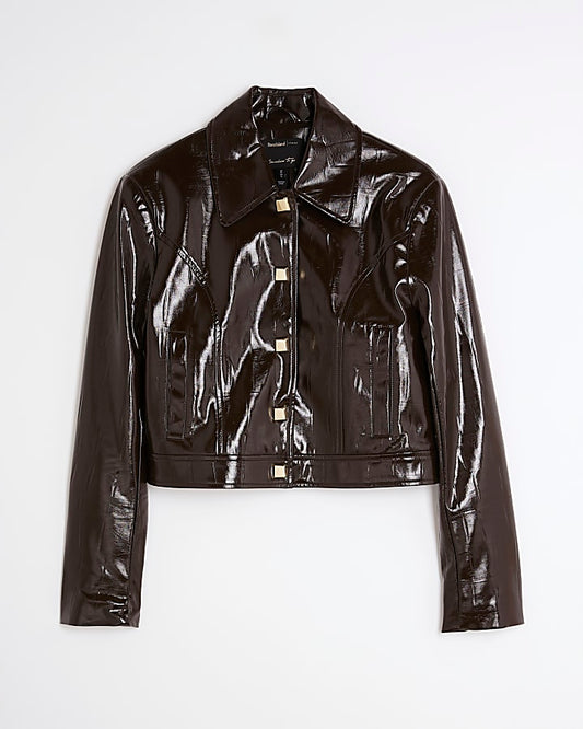 Brown faux leather croc Harrington Jacket