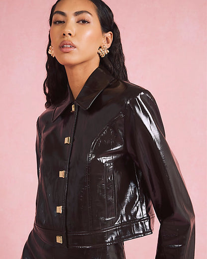 Brown faux leather croc Harrington Jacket