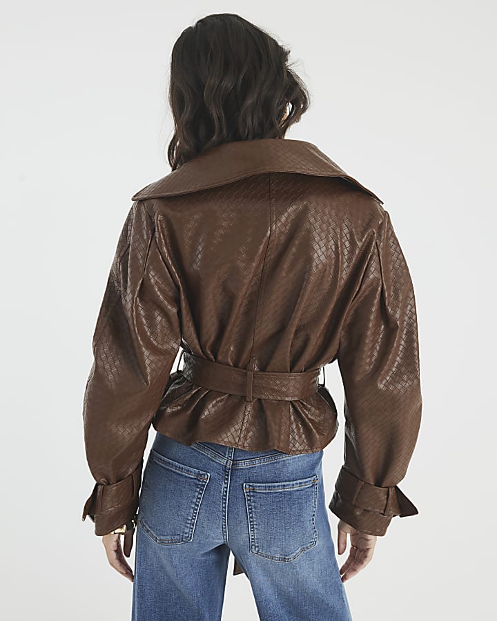 Brown Faux Leather Woven Trench jacket