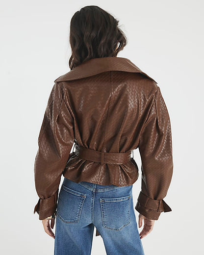 Brown Faux Leather Woven Trench jacket