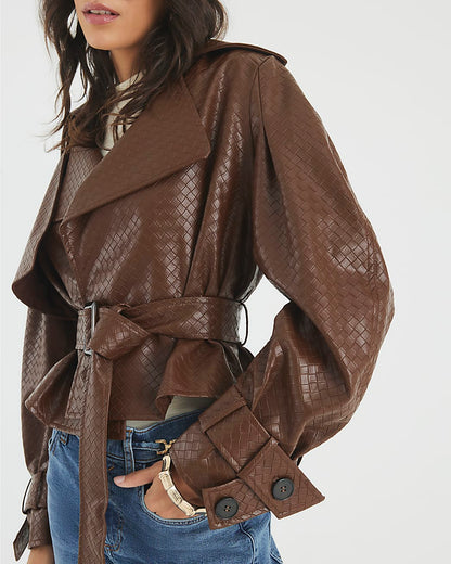 Brown Faux Leather Woven Trench jacket