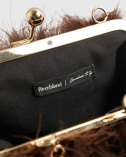 Brown Diamante Handle Feather Clutch Bag