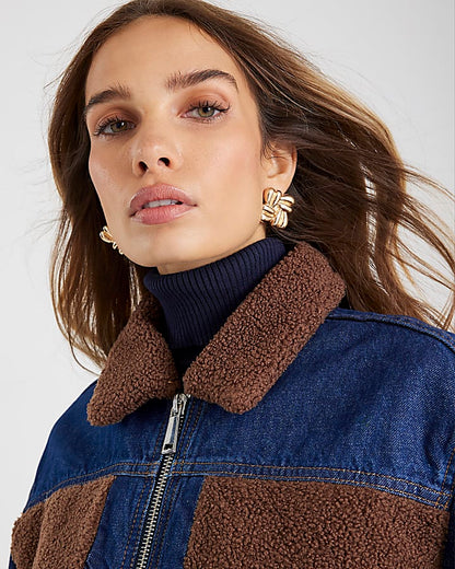 Blue Denim Long Sleeve Borg Panel Jacket