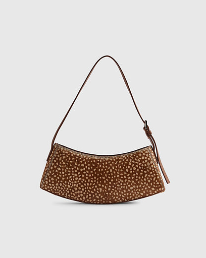 Beige Leather Spot Print Curved Shoulder Bag