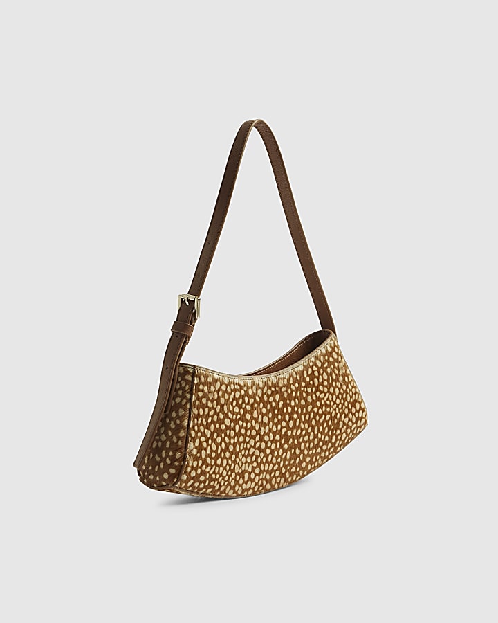 Beige Leather Spot Print Curved Shoulder Bag