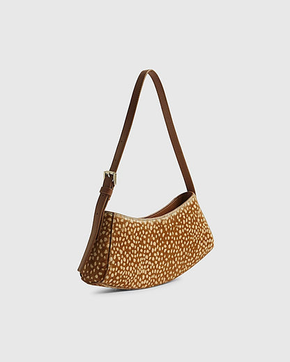 Beige Leather Spot Print Curved Shoulder Bag
