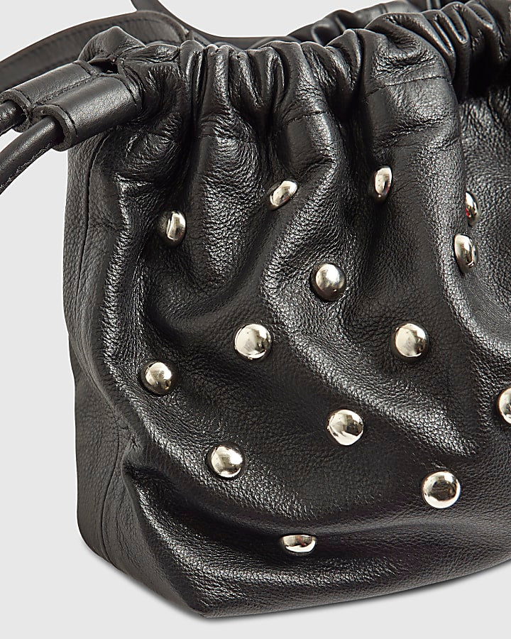 Black Leather Studded crossbody Clutch bag