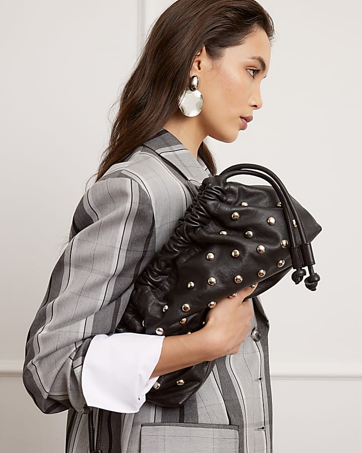 Black Leather Studded crossbody Clutch bag