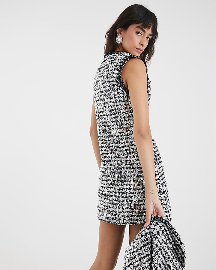 Black Boucle Sequin Mini Shift Dress