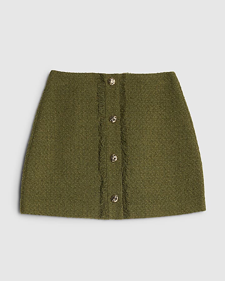 Green Boucle Button Front Mini Skirt | River Island